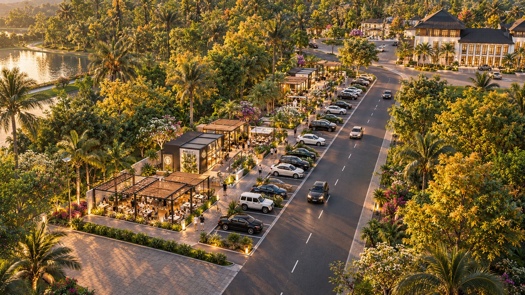 Paseo comercial con terrazas junto a la vía