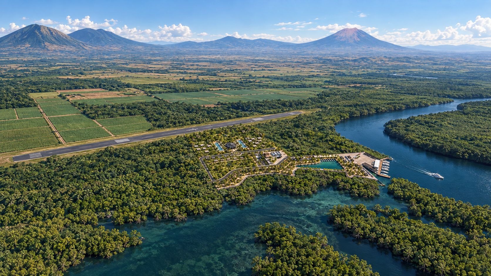Vista aérea de la Bahía de Jiquilisco con el manglar, la pista y los volcanes al fondo